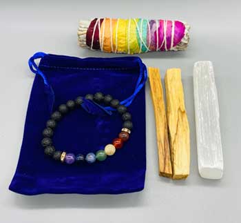 Balancing Kit (4" 7 chakra sage, palo santo stick, selenite & lava bracelet)